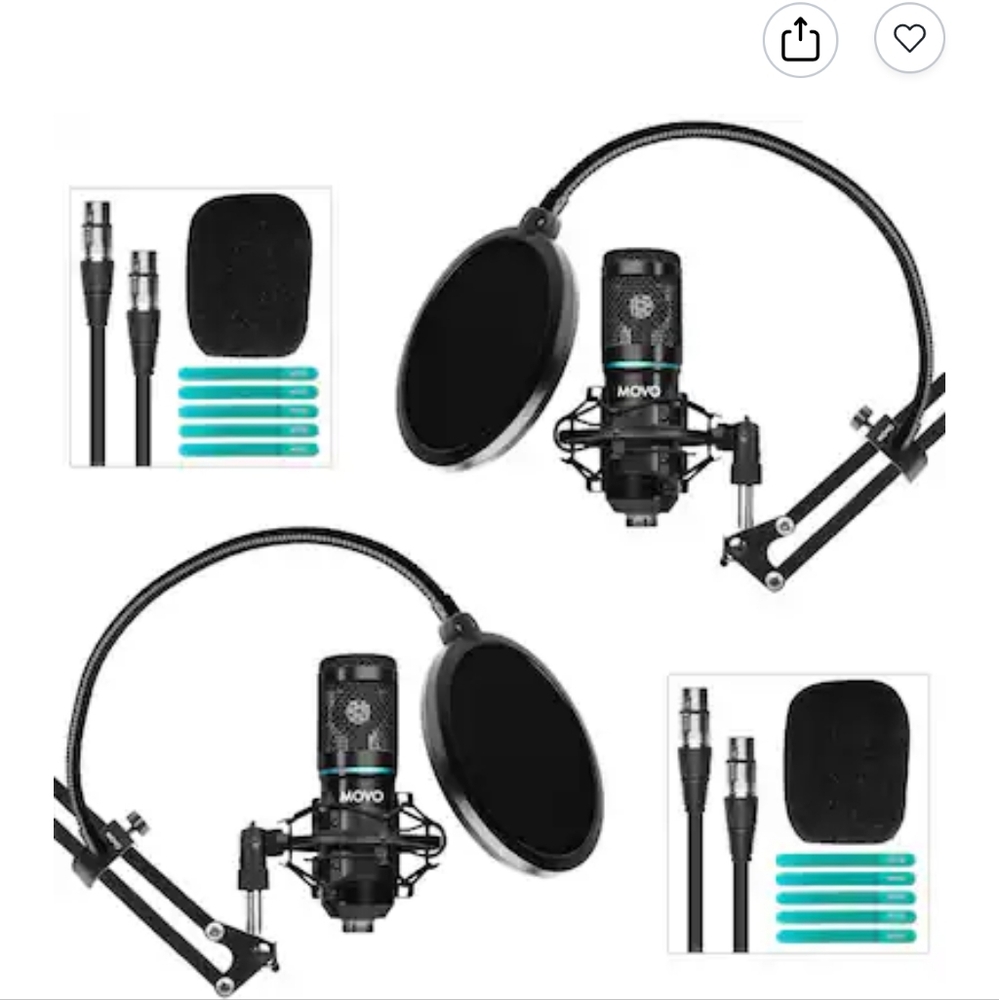MOVO 1-Pack PC-M6 Podcast Microphone Kit with Stand and Pop Filter - Black